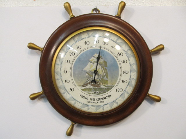 lot 88 image: Vintage 1940s FEDERAL TOOL Corporation Nautical Ships Wheel Advertising Thermometer