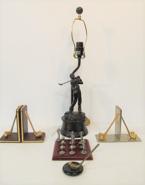 lot 101 image: Group of Golf Dcor Bookends Lamp Paperweight etc