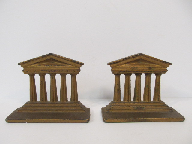 lot 107 image: Old Vintage 1930s Gilt Cast Metal Parthenon Style Bookends