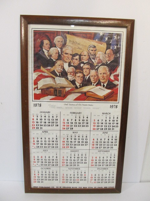 lot 121 image: Vintage 1970s Framed West Publishing United States Chief Justices Advertising Calendar