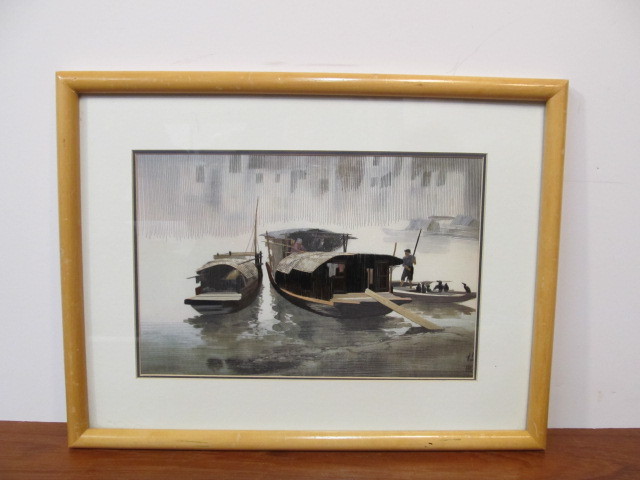 lot 139 image: Vintage Japanese Silk Thread House Boat Art Signed