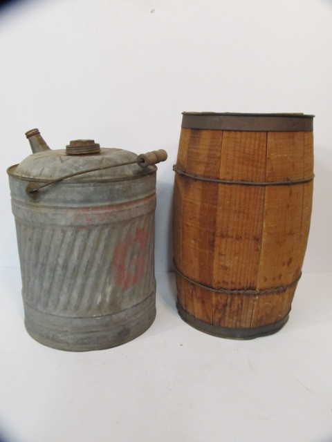 lot 210 image: Antique Wooden Nail Keg wMetal Gas Can