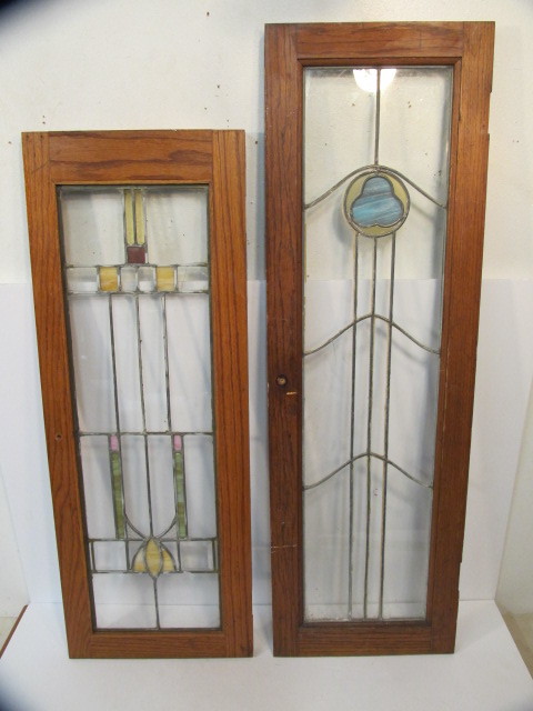 lot 212 image: 2 Antique Arts & Crafts Stained Leaded Glass Cabinet Doors