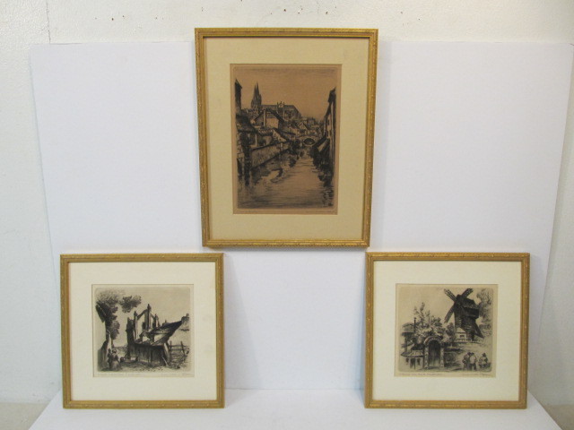 lot 153 image: Set of 3 Vintage European Village Scene Etchings Signed and Titled
