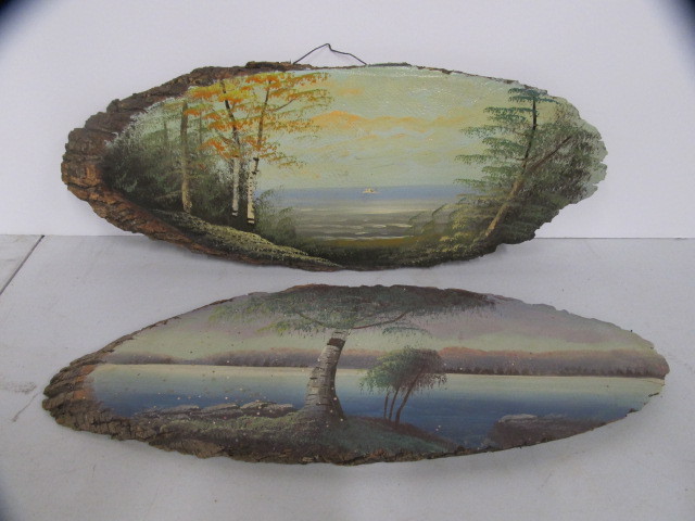 lot 142 image: Pair of Vintage Hand Painted Log Paintings - Woman Lake