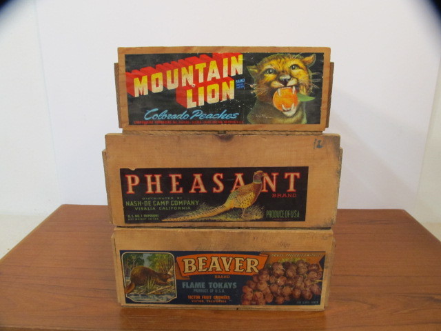 lot 149 image: Group of 3 Primitive Vintage Wooden Fruit Crates wNice Labels