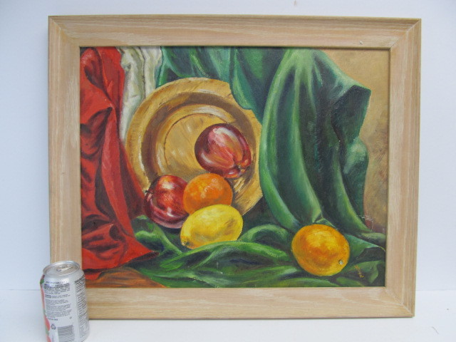 lot 236 image: Signed Mid Century Colorful Still Life wFruit Oil Painting