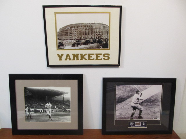 lot 175 image: 3 Framed Black & White Baseball Photos - Babe Ruth etc