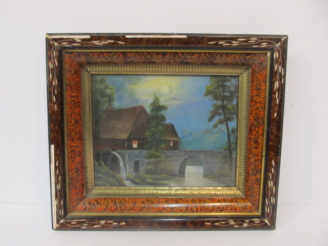 lot 178 image: Old Antique Oil on Board Mill Over Stone Bridge Scene Painting 