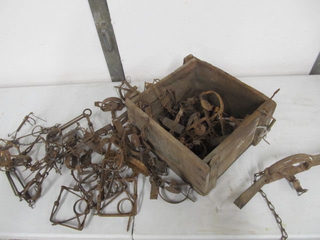 lot 286 image: Old Wooden Crate FULL of Vintage & Antique Traps