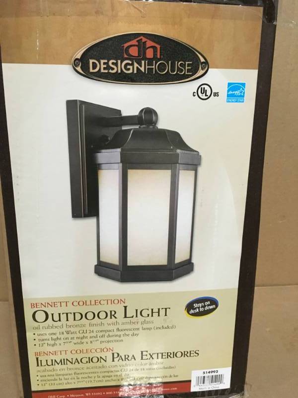 lot 6 image: Design House 514992 Bennett 1-Light IndoorOutdoor Wall Light, Amber Glass, Oil Rubbed Bronze. 4.6 (22). MSRP $219.90 not used
