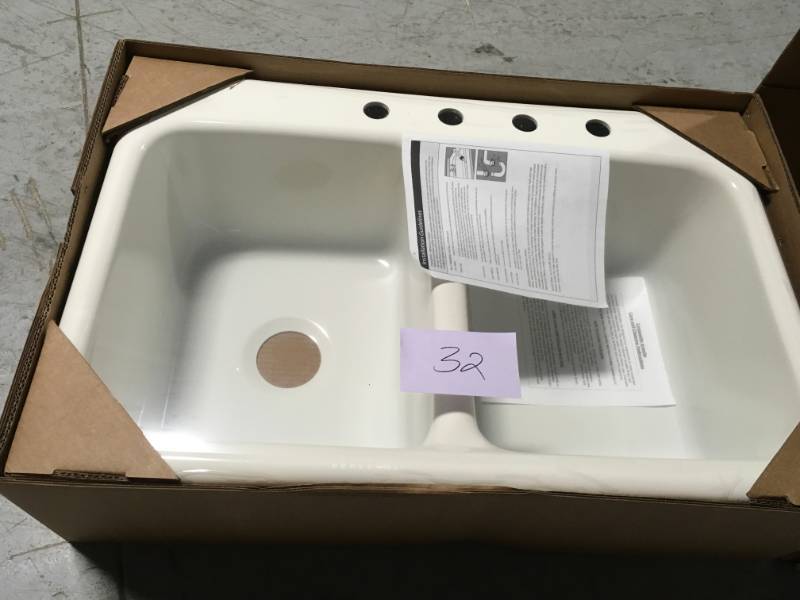 lot 32 image: Glacier Bay Newport Drop-In Acrylic 33 in. 4-Hole Double Bowl Kitchen Sink in Biscuit nor used