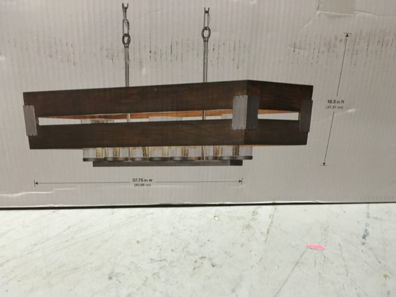 lot 54 image: Home Decorators Ackwood 7-Light Dark Wood Rectangular Chandelier with Clear Seeded Glass Shades not used