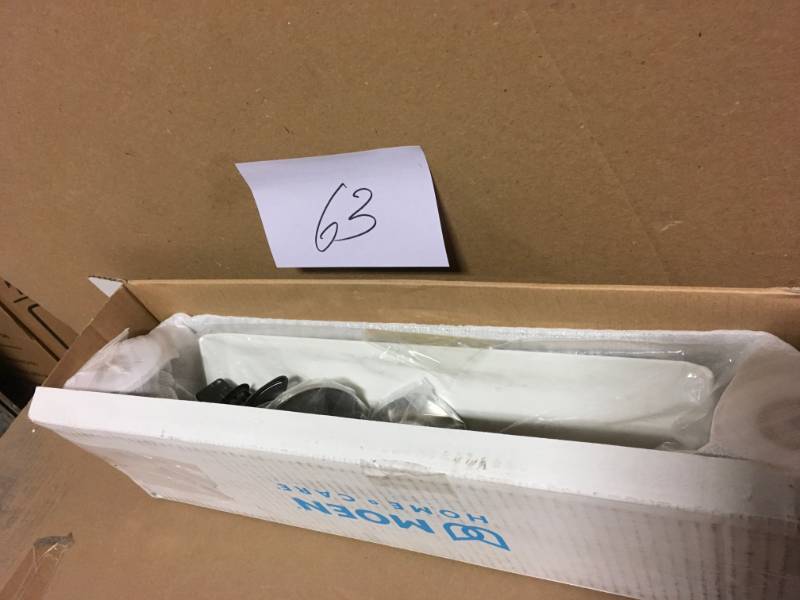 lot 63 image: Moen 16 in. x 1 in. Screw Grab Bar with Shelf in Brushed Nickel not used