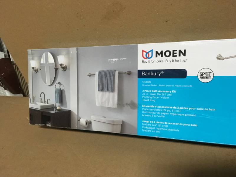 lot 86 image: Moen Banbury 3-Piece Bath Hardware Kit in Brushed Nickel not used