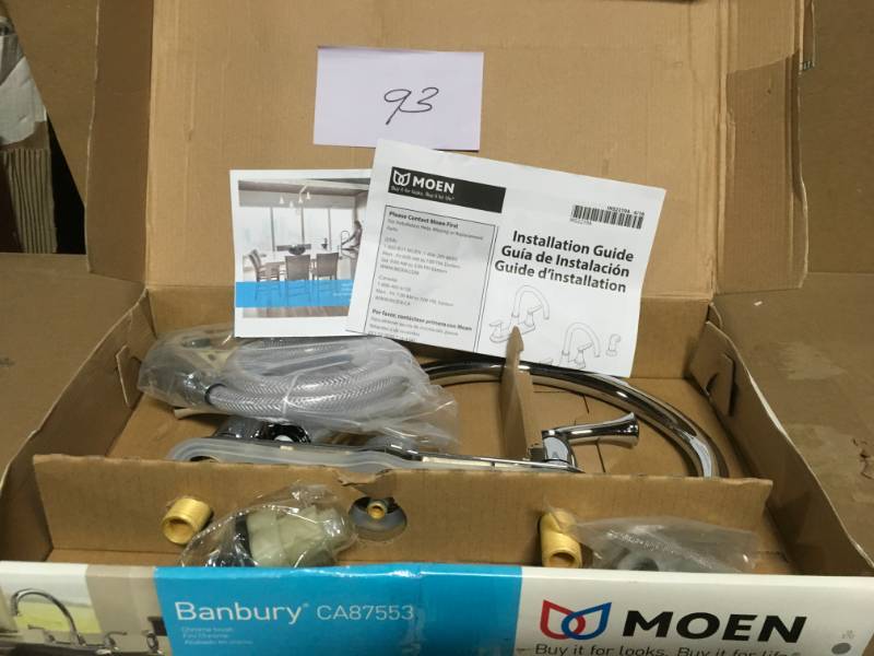 lot 93 image: Moen Banbury 2-Handle Mid-Arc Standard Kitchen Faucet with Side Sprayer in Chrome open box