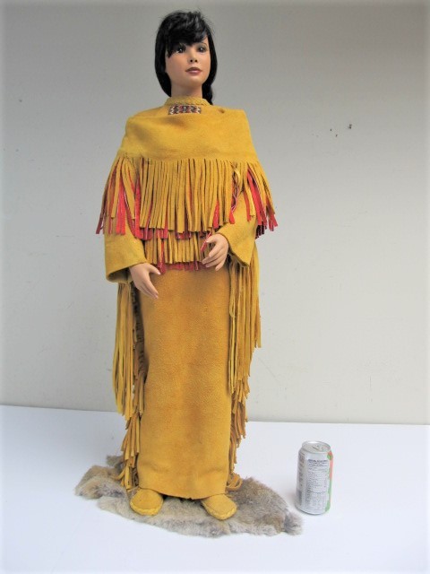 lot 8 image: Signed 36 Native American Porcelain Doll wLeather Robe & Genuine Rabbit Fur Pelt