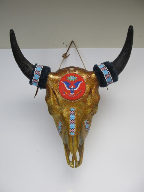lot 25 image: Native American Decorated Hand Painted & Beaded Genuine Buffalo Skull