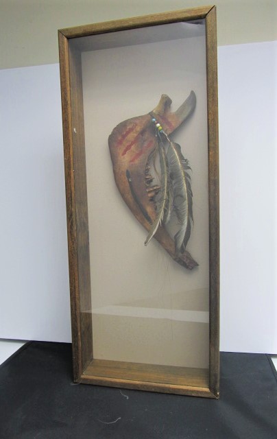 lot 7 image: Vintage Native American Buffalo Jaw Bone War Club Shadowbox Display