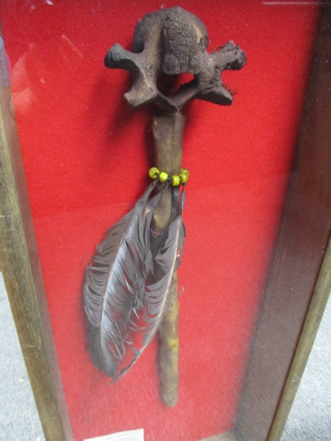 lot 6 image: Vintage Native American Feather & Bone Burial Marker Shadowbox Display