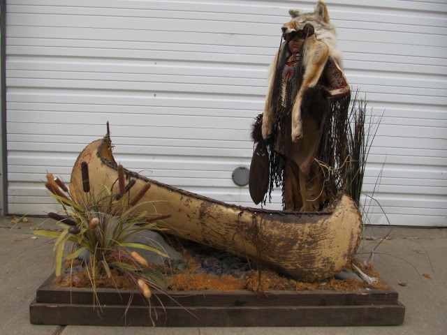 lot 4 image: Vintage 1960s Handmade Native American Museum Diorama Sculpture Young Warrior Hunter wCanoe by Tom Domiani