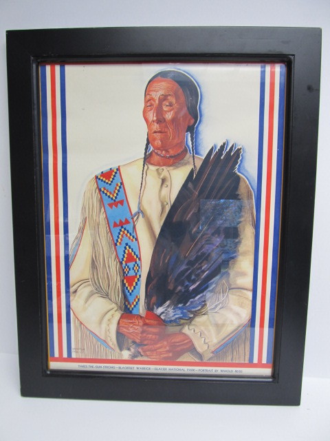 lot 64 image: Framed Vintage 1940s GREAT NORTHERN RAILWAY Blackfeet Warrior Winold Reiss Print