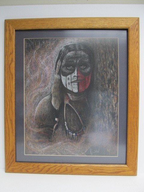 lot 65 image: Framed Original ChalkPastel Native American Painting by Chippewa Artist Katherine Nadeau