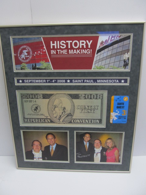 lot 79 image: 2008 Republican Convention Framed Display wTickets & Tim Pawlenty Signed Photo
