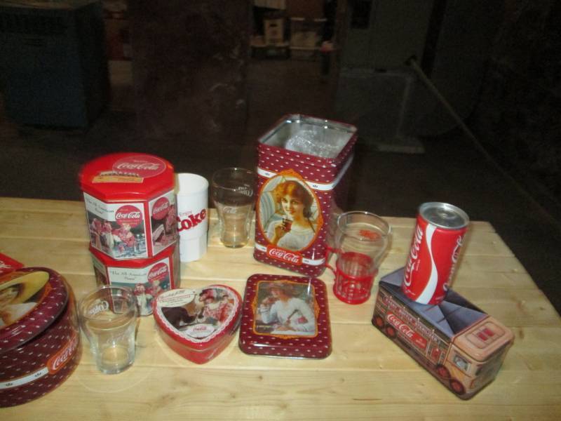 lot 14 image: Lot of Coca cCola glasses, tins, et...