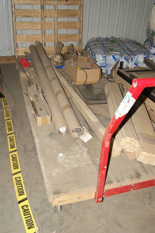 lot 074 image: Slat Wall, MDF Pieces, Drawer Slides, and Rolling Cart