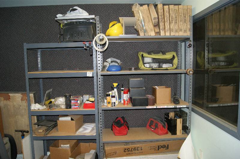 lot 213 image: 2 Shelving units and contents, bench top table saw