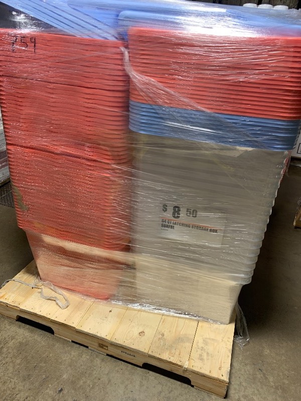 lot 4 image: Pallet of 100 64QT Plastic Storage Bins with Lids, Clear and Red
