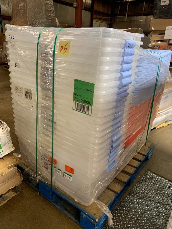 lot 5 image: Pallet of 42 106qt Clear Plastic storage bins with lids Blue and Red handles