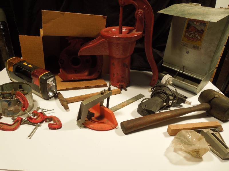 lot 42 image: Vintage Water Pump , C-Clamps, Mallet, Glue Gun, Feeder, Flashlight, Etc.