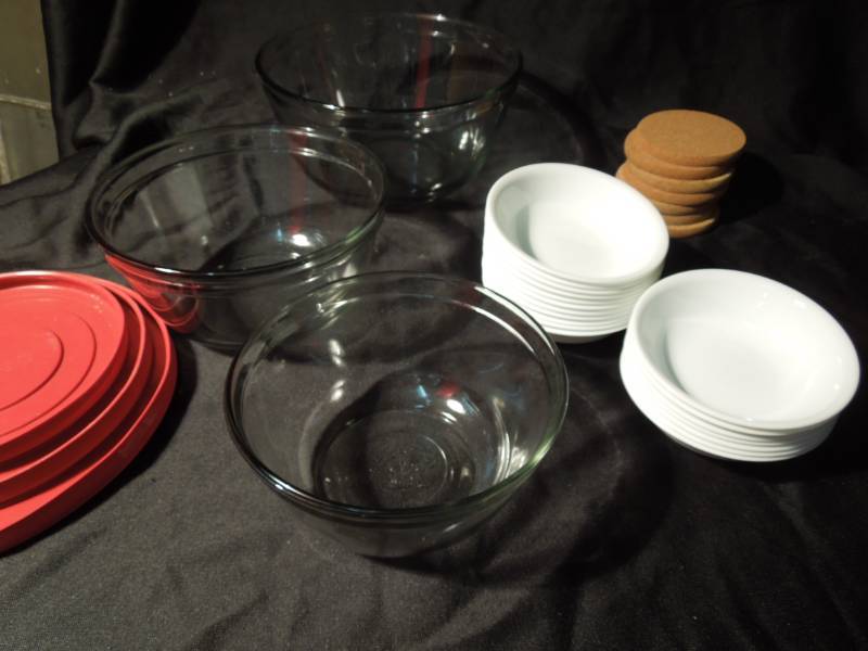 lot 90 image: 18 Corningware bowls, 3 Large NEW Anchor Hocking Bowls with Lids, Cork Coasters