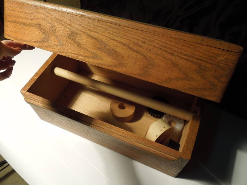 lot 96 image: Solid Oak Box with Dowel for rolls of tape or wire