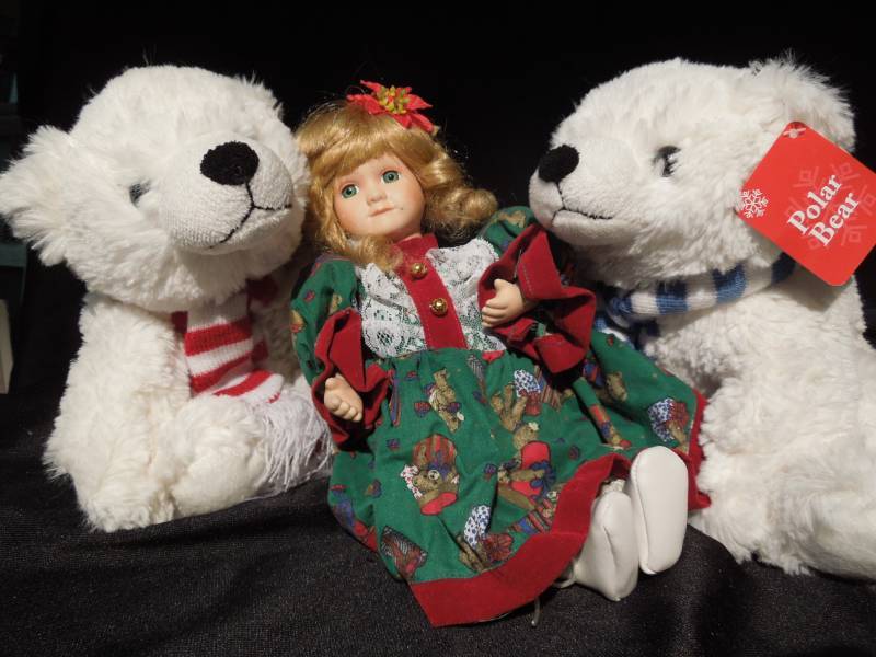 lot 140 image: Porcelain Anco Christmas Doll Musical, 2 NEW Stuffed Polar Bears (Really Fluffy & Cozy)