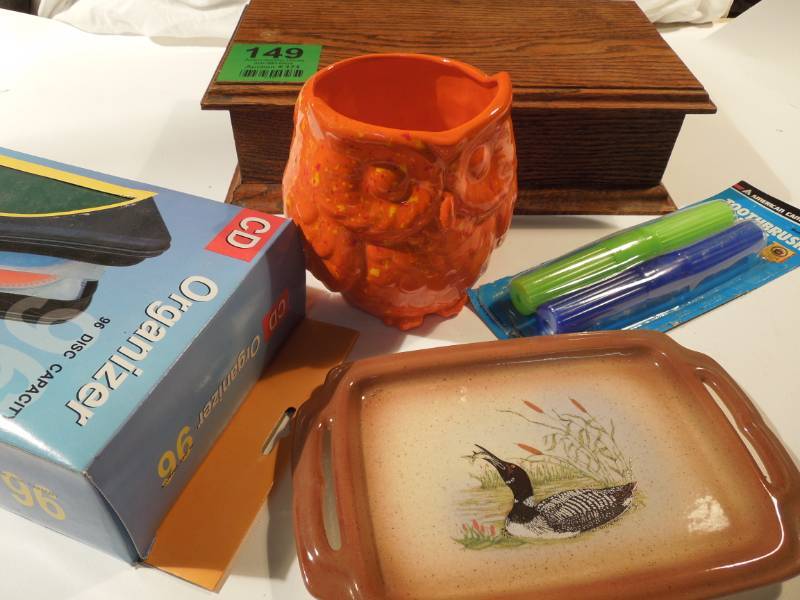 lot 149 image: Owl Planter, Wood Box with Contents, DVD Holder, etc