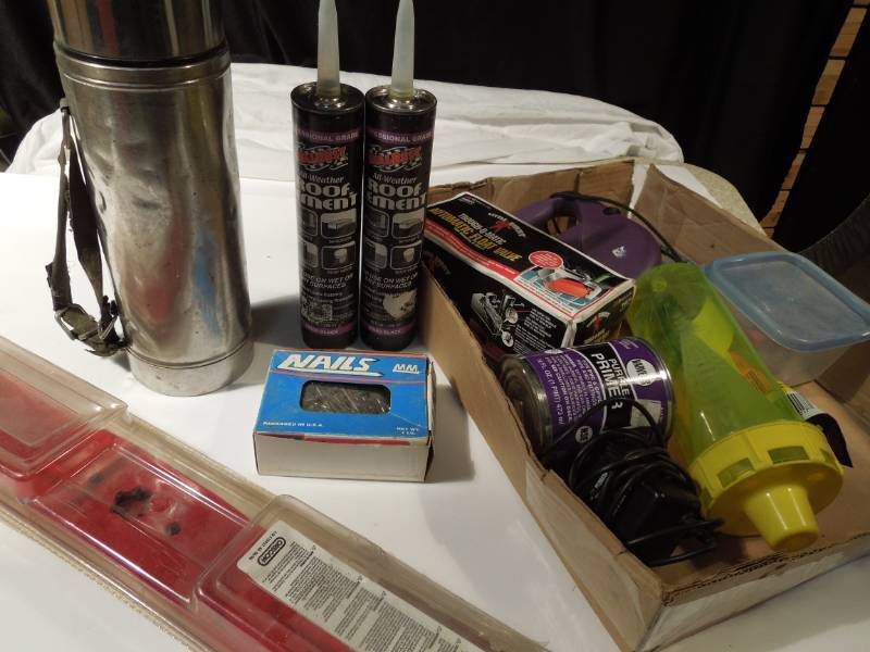lot 174 image: Thermos, Roof Cement, Nails, Lawn Mower Blades, Primer, Misc