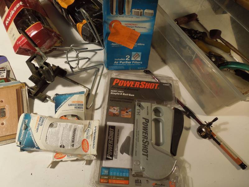 lot 181 image: Powershot Stapler, Fishing Rod Lighter, Garage Door Remotes, Door Knobs, Tools