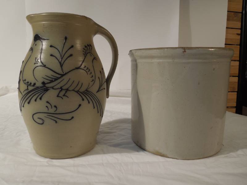 lot 199 image: Stoneware Salt Glaze Pitcher and Stoneware Crock
