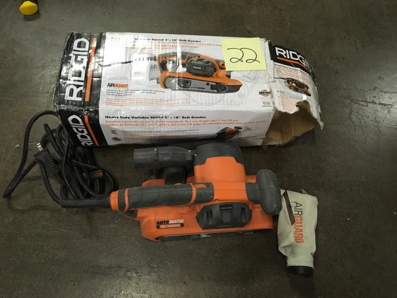 lot 22 image: RIDGID 6.5 Amp Corded 3 in. x 18 in. Heavy-Duty Variable Speed Belt Sander with AIRGUARD Technology- good condition