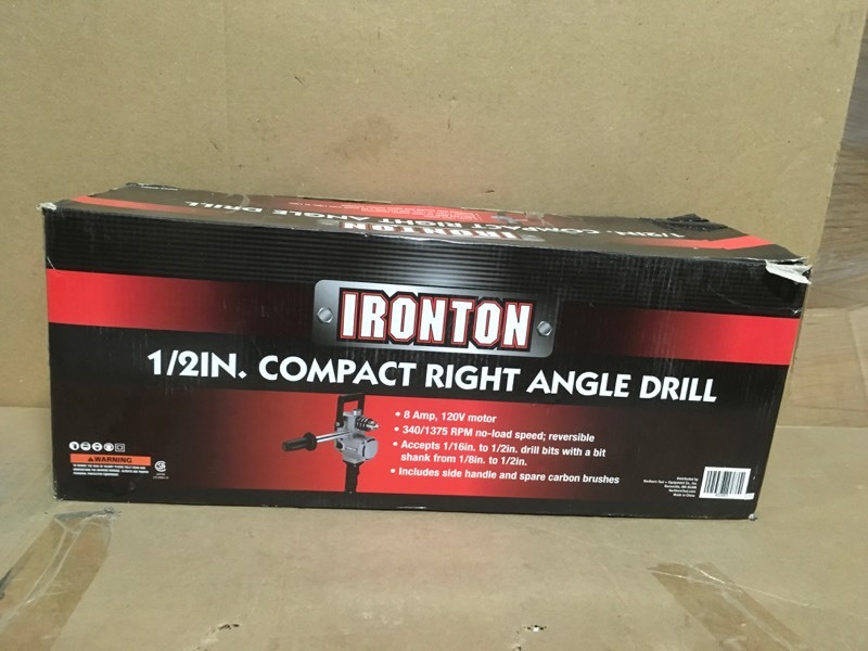 lot 104 image: Ironton 12in. Compact Right Angle Drill - 8 Amp, 110 Volt, 1,375 RP- good condition