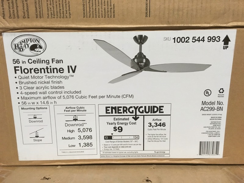 lot 107 image: Hampton Bay AC299-BN - Florentine IV 56 in. Indoor Brushed Nickel Ceiling Fan with Wall Control- good condition