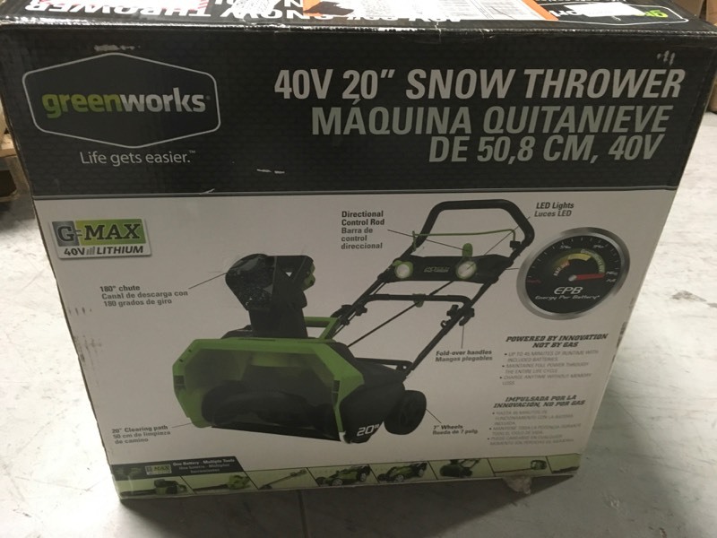 lot 112 image: GreenWorks 26272 G-MAX 20-Inch 40V Cordless Snow Thrower (Thrower only, no battery or charger)- good condition