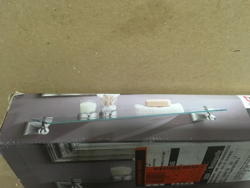 lot 133 image: Retreat 5-910 in. L x 2-1625 in. H x 22 in. W Wall-Mount Clear Glass Shelf in Brushed Nickel- good condition