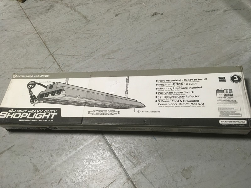lot 144 image: Lithonia Lighting 4-Light Grey Fluorescent Heavy-Duty Shop Light- not used