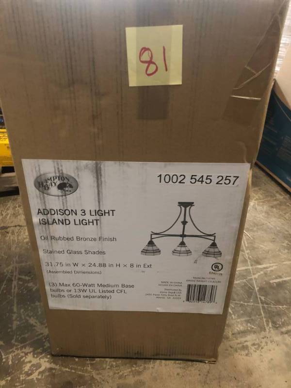 lot 81 image: Addison 3-Light Oil Rubbed Bronze Kitchen Island Light with Tiffany Style Stained Glass Shades- not used