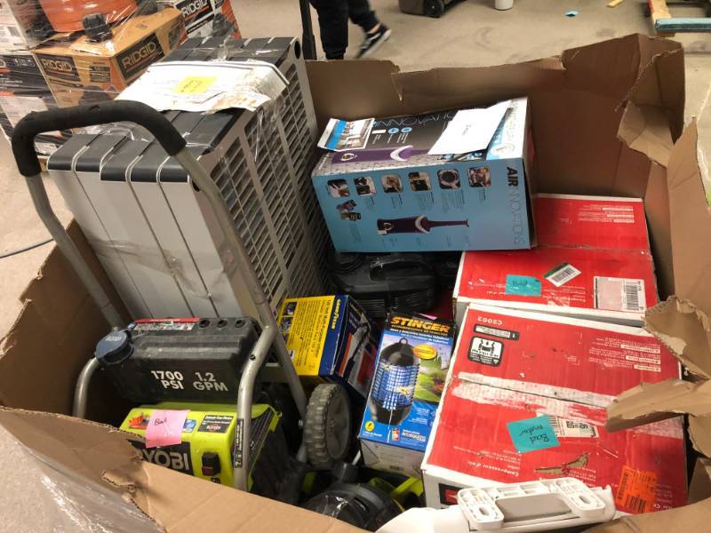 lot 153 image: Pallet of Assorted Salvage tools for parts or repair  compressor Pressure wahser and housework