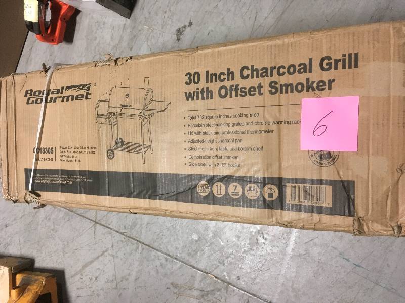 lot 6 image: 30 Royal Gourmet Charcoal Grill in Black with Offset Smoker and Side Table- not used